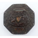 AN 18TH/19TH CENTURY EUROPEAN CARVED COQUILLA NUT OCTAGONAL SNUFF BOX decorated with leaves and foli