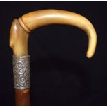 A 19TH CENTURY CONTINENTAL CARVED BUFFALO HORN HANDLED WALKING CANE. 83 cm long.