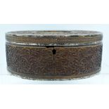 A MID 19TH CENTURY ANGLO INDIAN SILVER MOUNTED HARDWOOD BOX AND COVER decorated with foliage and vin