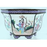 AN EARLY 20TH CENTURY CHINESE CANTON ENAMEL HEXAGONAL JARDINIERE Late Qing, painted with figures wit