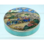 A VERY RARE EARLY 20TH CENTURY EUROPEAN SILVER AND ENAMEL CIRCULAR BOX painted with Japanese scenes