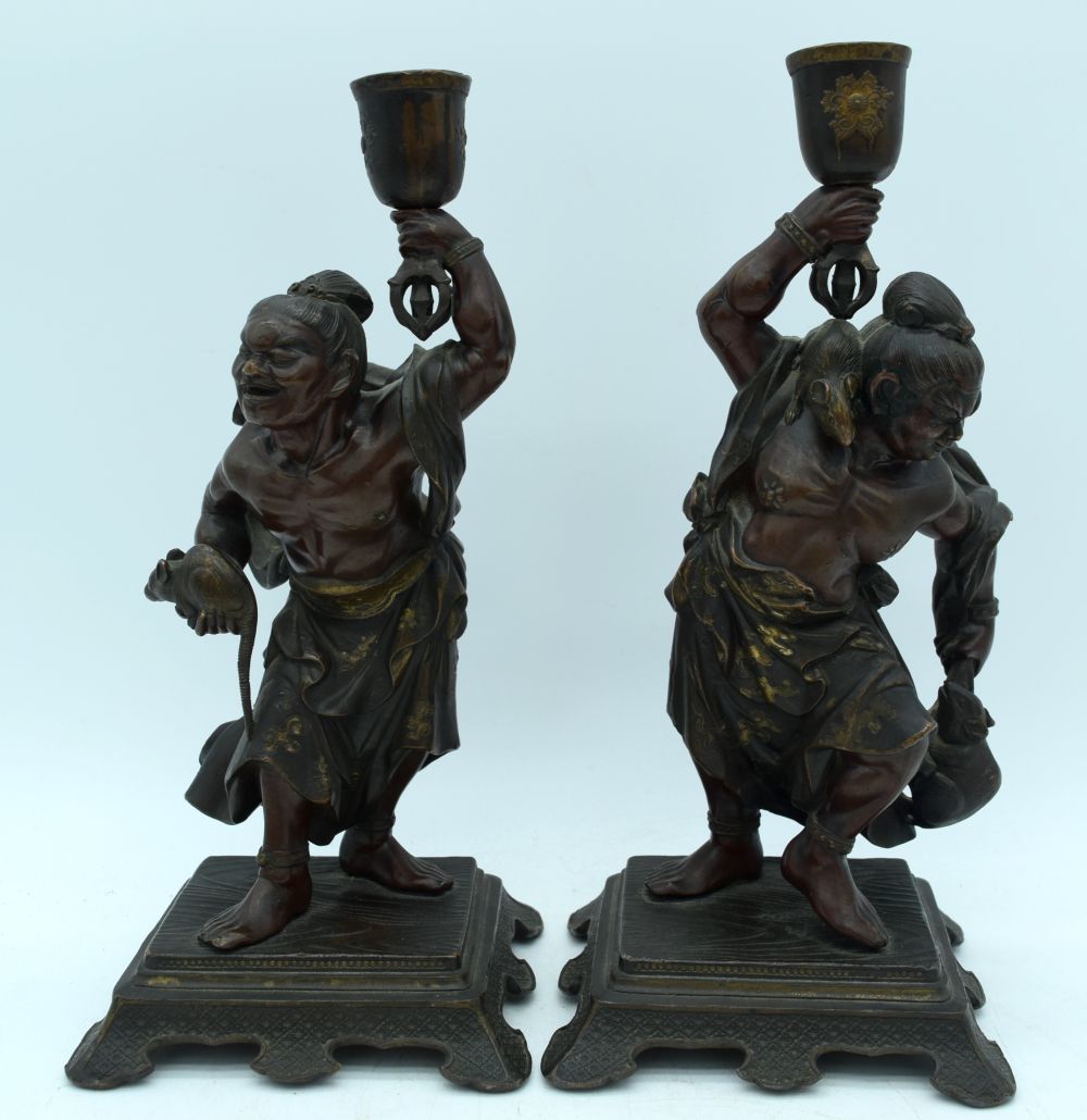 A PAIR OF 19TH CENTURY JAPANESE MEIJI PERIOD BRONZE OKIMONO CANDLESTICKS in the manner of Miyao Eisu