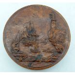 A LOVELY CARVED DUTCH WALNUT BOX AND COVER, depicting a coastal scene with a fine tortoiseshell inte