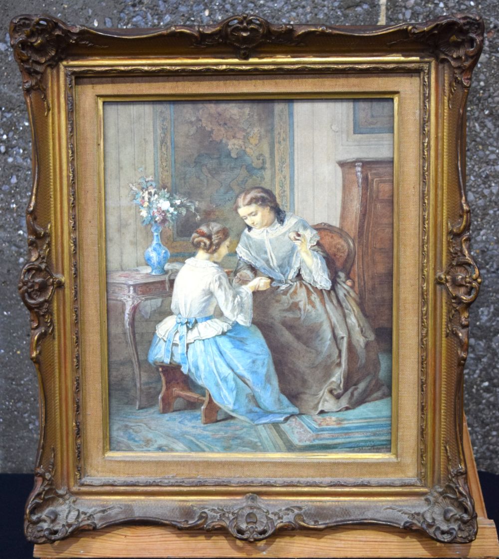 European School (19th Century) Watercolour, Figures beside a boulle table. Image 33 cm x 25 cm.