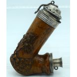 A RARE ANTIQUE CARVED BURR WOOD SILVER PLATED PIPE decorated with figures and hounds. 10 cm x 7 cm.