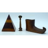 AN ANTIQUE TREEN MULTI WOOD PYRAMID together with a treen boot & a seal. 13 cm x 6 cm. (3)