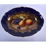 Royal Worcester blue ground oval shaped dish painted with pears and grapes by R. Sebright, signed, d