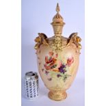Royal Worcester very large griffin handled blush ivory vase and cover painted with wild flowers in t