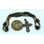 An Egyptian necklace together with a gilt opal stone cross and a cameo broach 52cm (3).