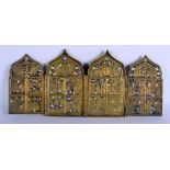 A RARE ANTIQUE RUSSIAN ENAMELLED BRASS FOLDING FOUR FOLD SCREEN. 40 cm x 17 cm.