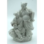 A Chinese blanc de Chine figure of a couple sitting on a Lion 24 x16cm.