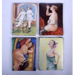 FOUR ART DECO CONTINENTAL ENAMELLED PLAQUES depicting females in various pursuits. 10 cm x 6 cm. (4)