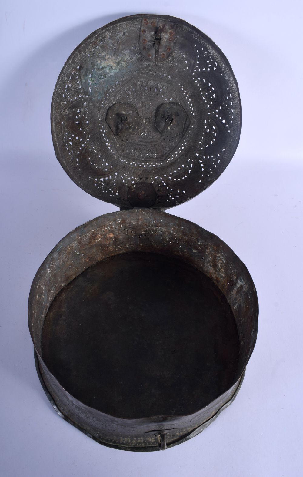 A LARGE 19TH CENTURY INDIAN PANDAN METAL SPICE BOX decorated with crescent moon motifs etc. 24 cm x - Image 4 of 4