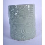 A CHINESE CELADON PORCELAIN BRUSH POT 20th Century. 13 cm high.