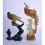 AN EARLY 20TH CENTURY CHINESE CARVED JADE FIGURE OF A BIRD together with another. Largest 19 cm x 6