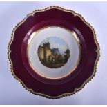 Early 19th c. Worcester Flight Barr and Barr plate painted with Amberley Castle, Sussex on a claret
