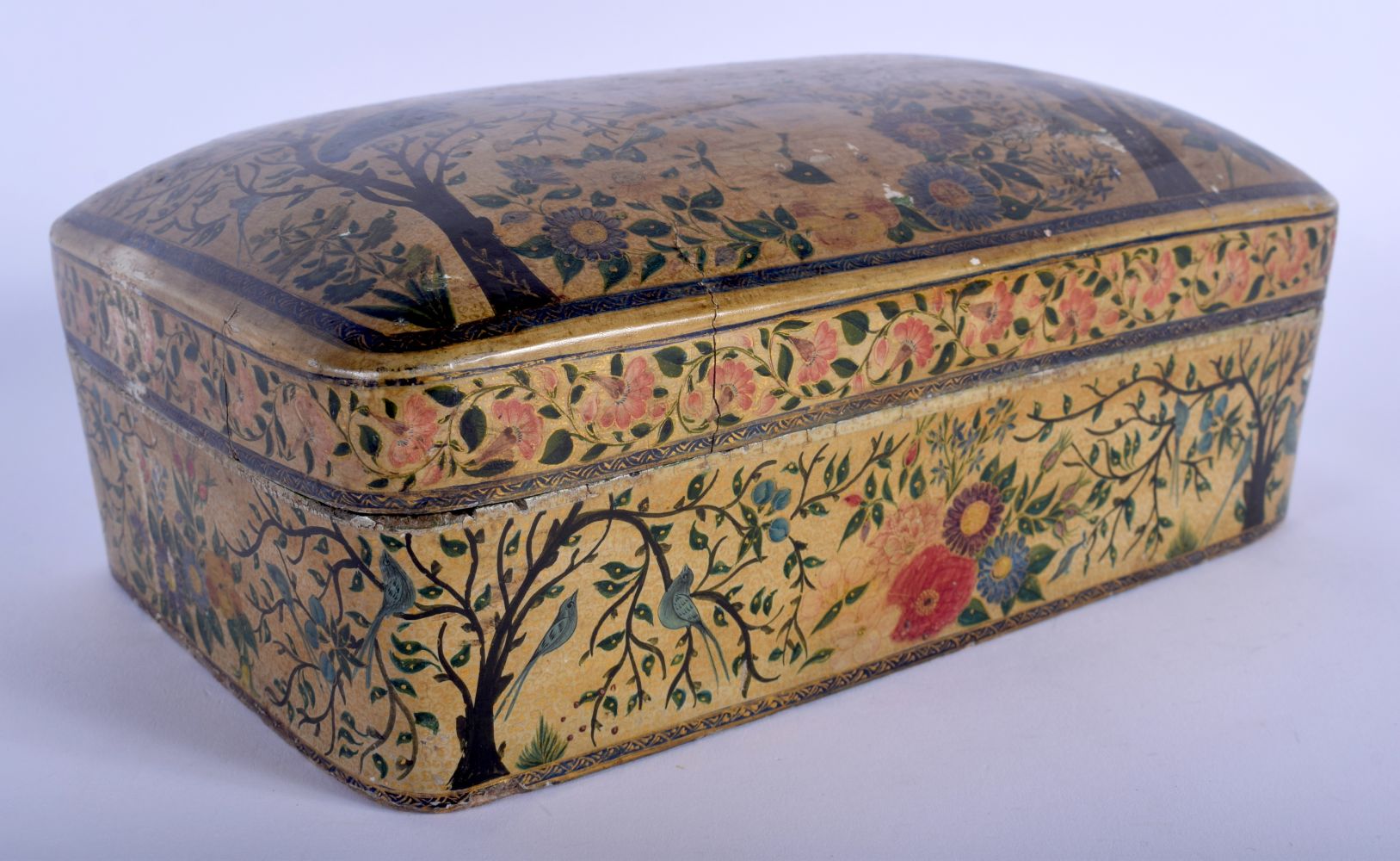 A LARGE EARLY 20TH CENTURY INDIAN PAINTED KASHMIR LACQUER BOX AND COVER painted with birds. 23 cm x