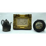 A Framed plaster plaque together with a Prattware lid and a plated coffee pot 6.5 x 11cm (3)