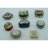 A collection of small porcelain and enamel boxes Limogues, Dresden, Bilston and Battersea 6.5cm (8)