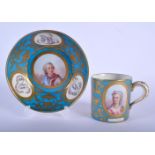 A FINE 19TH CENTURY SEVRES PORCELAIN CABINET CUP AND SAUCER painted with portraits and bands of foli
