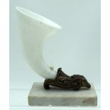 A Opaline glass Cornucopia with a Bronze Rams head fitted to a marble base 21cm .