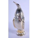 A SILVER PLATED PENGUIN SUGAR SHAKER. 18 cm high.
