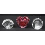 A Chribska ruby glass ornament together with two carved glass ornaments of an owl and elephant 12cm(