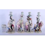 A RARE SET OF FOUR 19TH CENTURY MEISSEN PORCELAIN CANDLESTICKS modelled with figures in various purs
