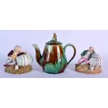 A 19TH CENTURY MINTON MAJOLICA TEAPOT AND COVER together with a pair of English porcelain inkwells i