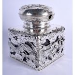 AN EXTREMELY RARE 19TH CENTURY JAPANESE MEIJI PERIOD SILVER OVERLAID INKWELL with highly unusual com