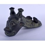 AN UNUSUAL 19TH CENTURY CHINESE ARCHAIC STYLE BRONZE BEAST probably a censer lid. 20 cm x 10 cm.