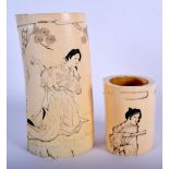 TWO 19TH CENTURY JAPANESE MEIJI PERIOD CARVED IVORY BRUSH POTS. Largest 14 cm x 12 cm. (2)