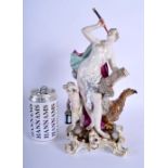 A LARGE 19TH CENTURY MEISSEN PORCELAIN FIGURE OF A FEMALE modelled holding a mirror, beside a bird a