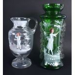 AN ANTIQUE MARY GREGORY STYLE VASE together with another smaller. Largest 30 cm high. (2)