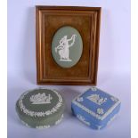 20th c. Wedgwood sage green oval framed plaque, a sage green box and cover, and a blue jasper box an