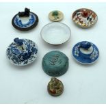 A collection of Chinese and Japanese Pot lids and a small Chinese dish 8cm (8)