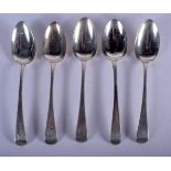 FIVE GEORGE III SILVER SPOONS. Assorted dates. 170 grams. 15 cm long. (5)