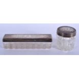 TWO VICTORIAN SILVER TOPPED CRYSTAL GLASS JARS. Silver 110 grams. Largest 16 cm x 4 cm. (2)