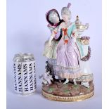 A LARGE 19TH CENTURY MEISSEN PORCELAIN FIGURE OF TWO FEMALES modelled beside a high column surmounte