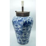 A large Chinese blue and vase with an unusual Iron lockable mount 68 X 34 cm
