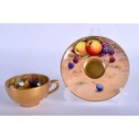 Royal Worcester demi-tasse cup and saucer painted with fruit by W. Hale, signed, date mark 1923. Cu