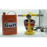 A Vespa novelty bedside lamp and a gulf oil petrol can 37 x 23cm (2).