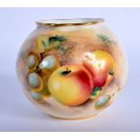 Royal Worcester spirally moulded spherical vase painted with fruit by Roberts, signed, black mark .