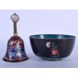 AN EARLY 20TH CENTURY CHINESE CLOISONNE ENAMEL BELL and a bowl. (2)