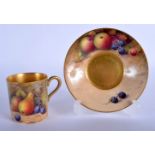 Royal Worcester coffee can and saucer painted with fruit by W. H. Austin, signed, date mark 1922. C