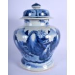 AN 18TH/19TH CENTURY CHINESE BLUE AND WHITE VASE AND COVER Qing, painted with figures within landsca