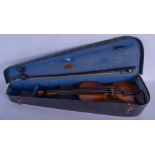 A VINTAGE VIOLIN BOW the case and accessories marked Rushworth & Dreaper, with snakewood bow stamped