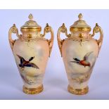 Graingers Worcester pair of two handled blush vases painted with mallard ducks probably by James Sti