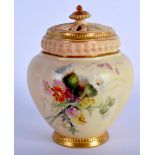 Royal Worcester blush ivory pot pourri vase and inner and outer cover painted with wild flowers and
