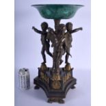 A GOOD LARGE MID 19TH CENTURY FRANCO RUSSIAN BRONZE AND MALACHITE CENTREPIECE formed as three winged